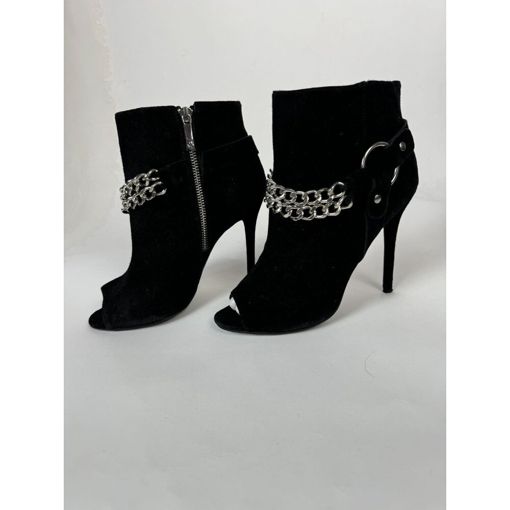Charles Jourdan Paris VTG Black Peep-Toe Ankle Booties  Size 7.5M With Silver Ch